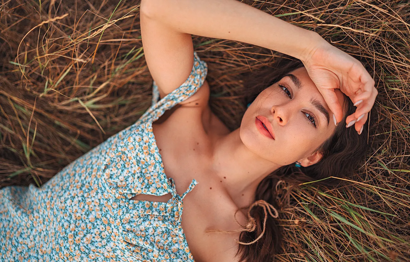 Photo wallpaper grass, look, girl, face, hands, sundress, Gregory Levin