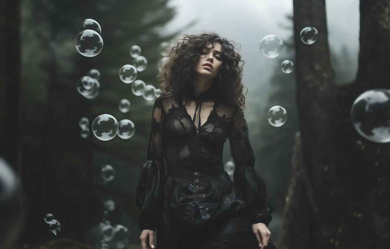 Photo wallpaper forest, look, girl, trees, nature, pose, fog, black
