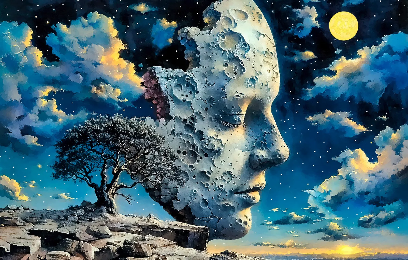 Photo wallpaper the sky, girl, clouds, light, trees, night, face, cracked