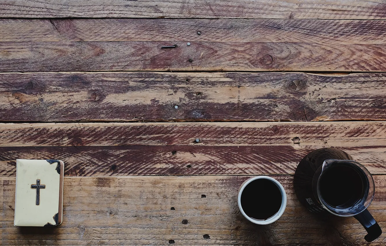 Photo wallpaper coffee, wood, book, table, Holy Bible, Jonny Swales, Bible