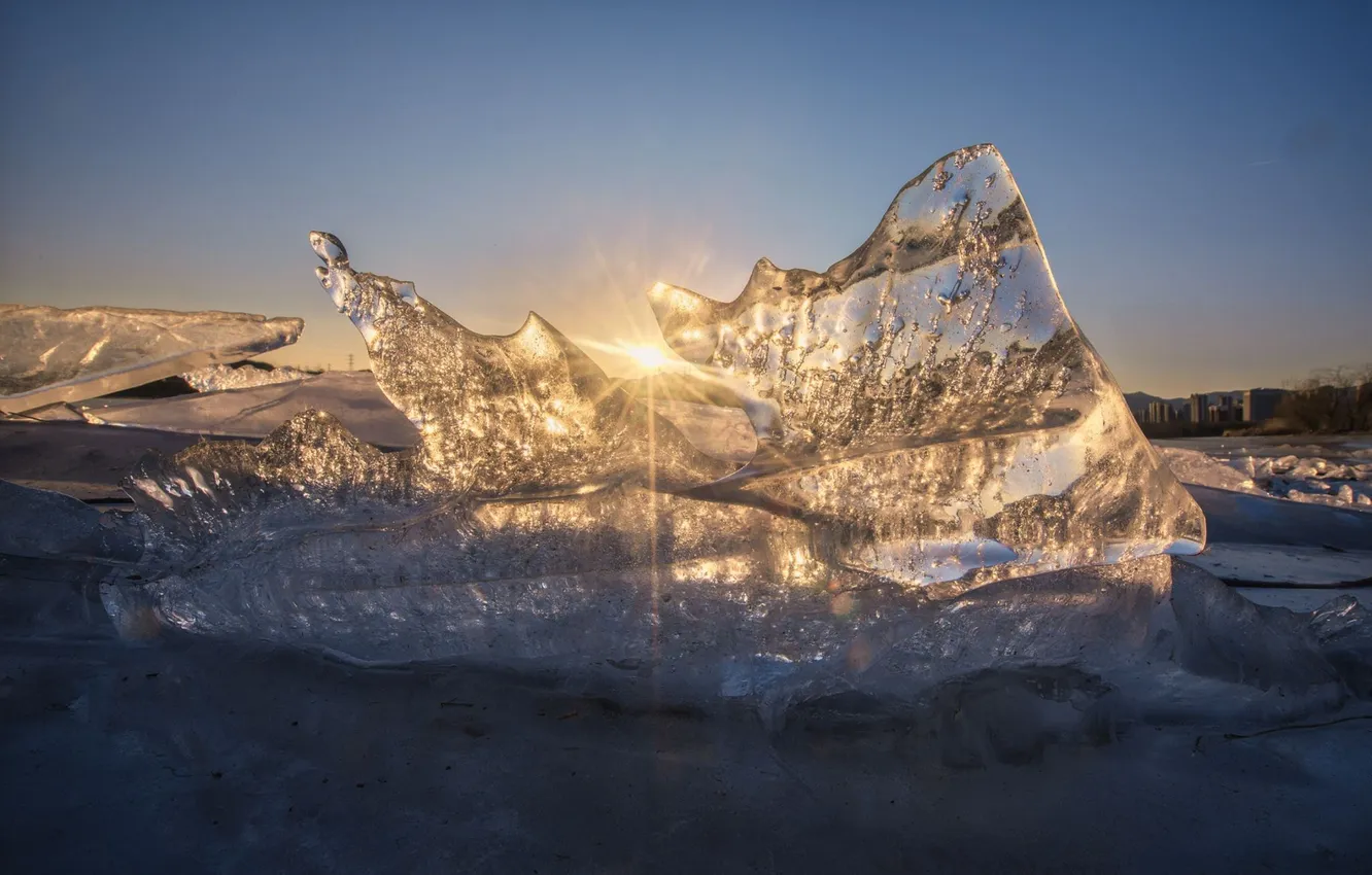 Photo wallpaper ice, winter, transparency, the sun, rays, light, snow, nature