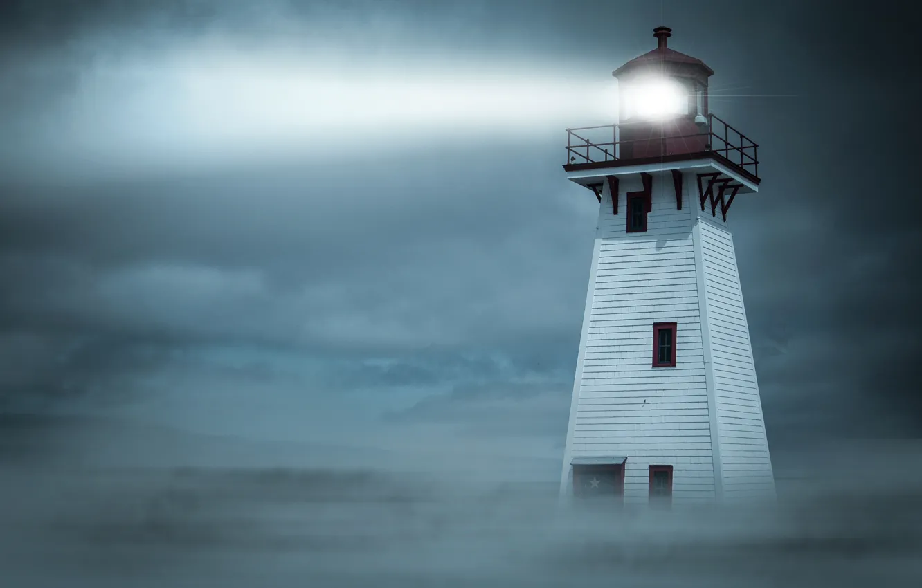 Photo wallpaper night, fog, lighthouse, spotlight, a beam of light
