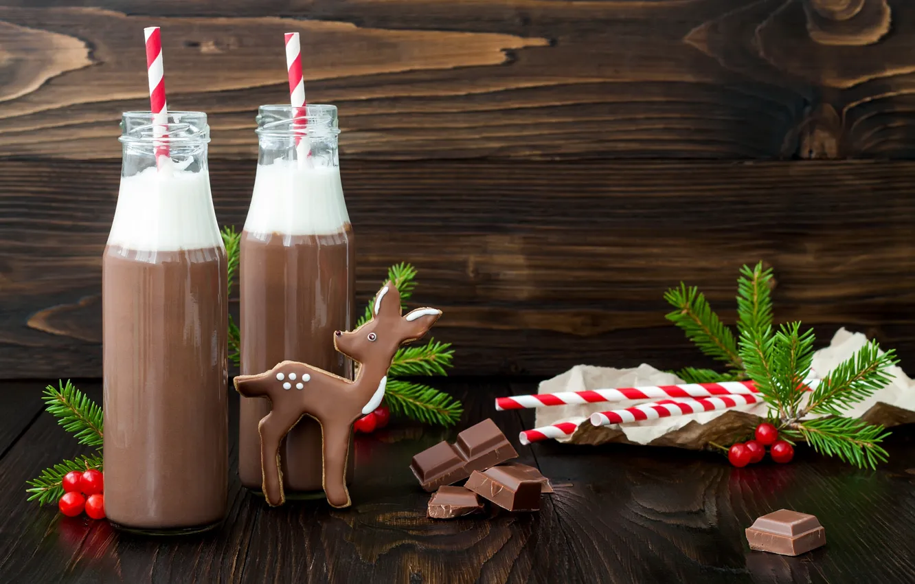 Photo wallpaper holiday, bottle, new year, chocolate, deer, cookies, cream, Christmas