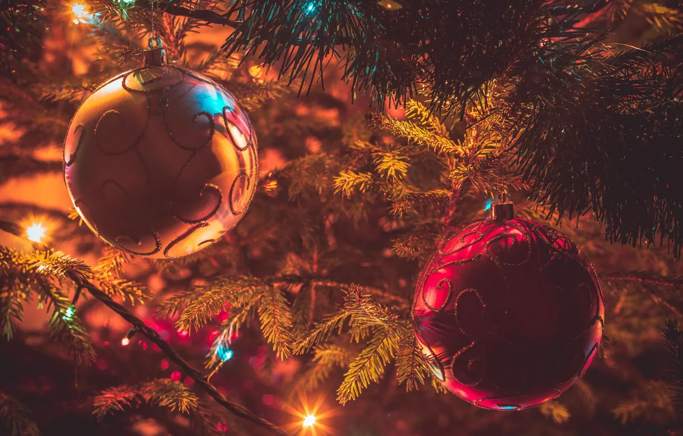 Photo wallpaper light, decoration, lights, balls, tree, Christmas, New year
