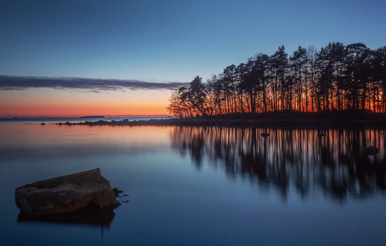 Photo wallpaper water, trees, sunset, lake, reflection, stone, Finland