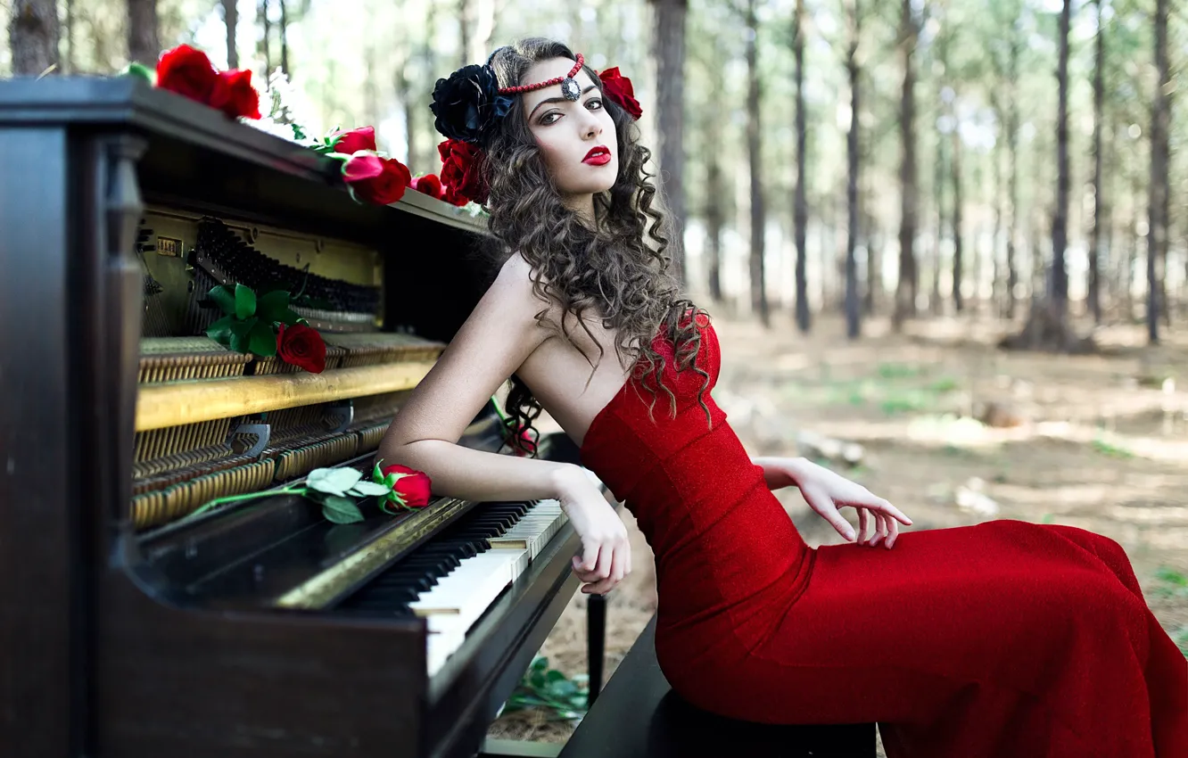 Photo wallpaper girl, roses, piano, plan