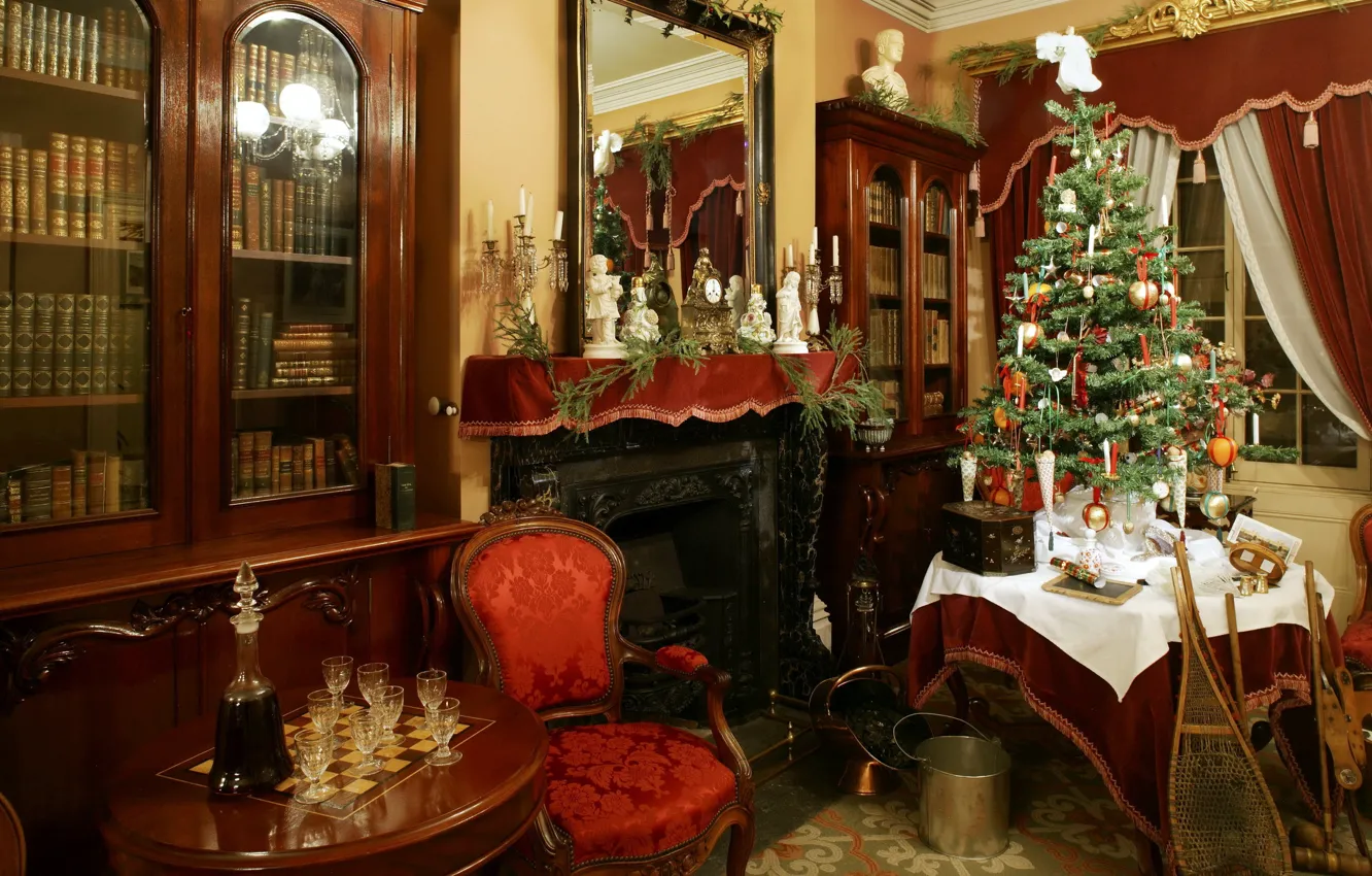 Photo wallpaper photo, holiday, tree, chairs, Christmas, interior, glasses, New year