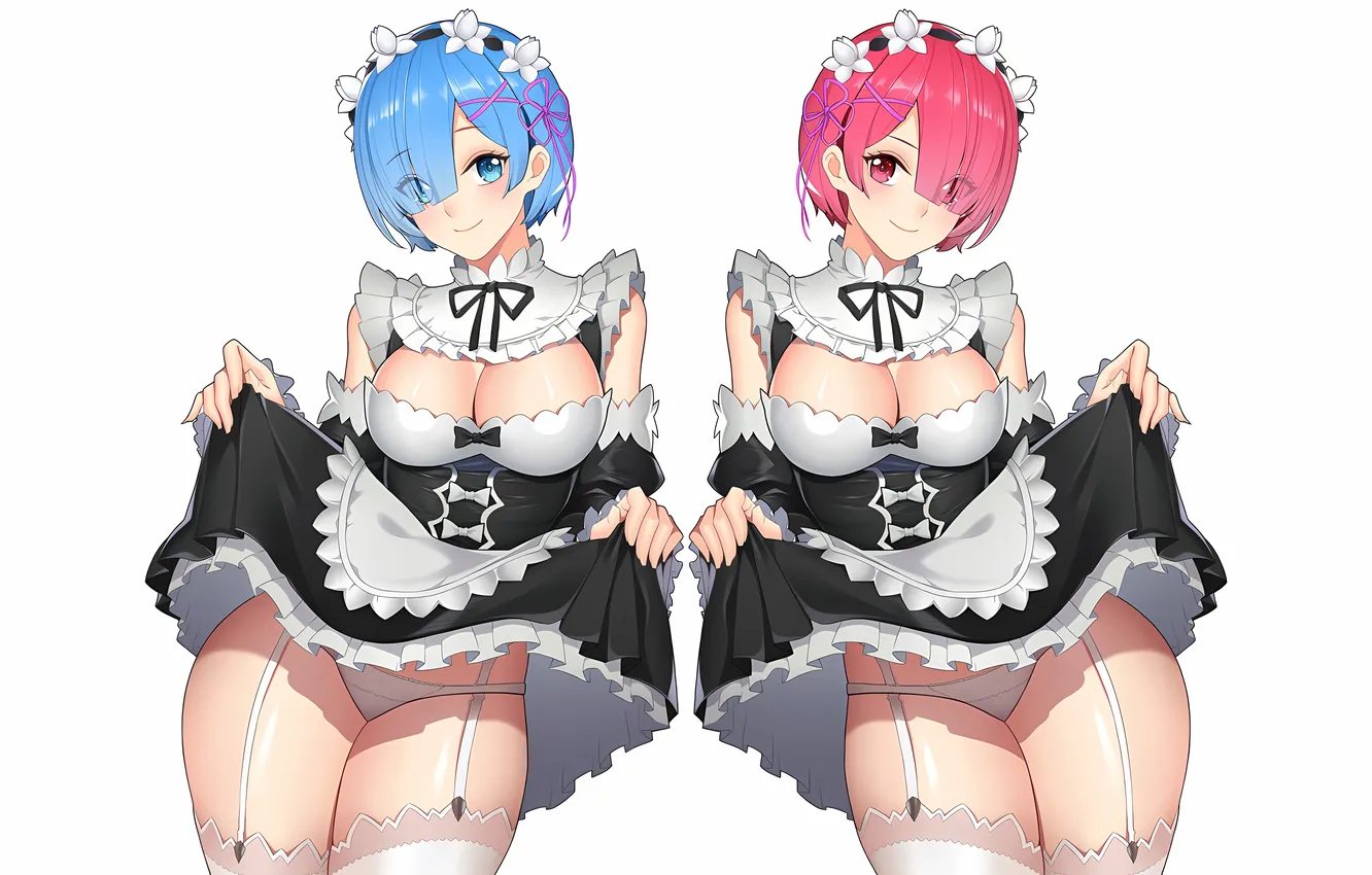 Photo wallpaper sexy, lingerie, cleavage, panties, thighhighs, pink hair, dress, girls