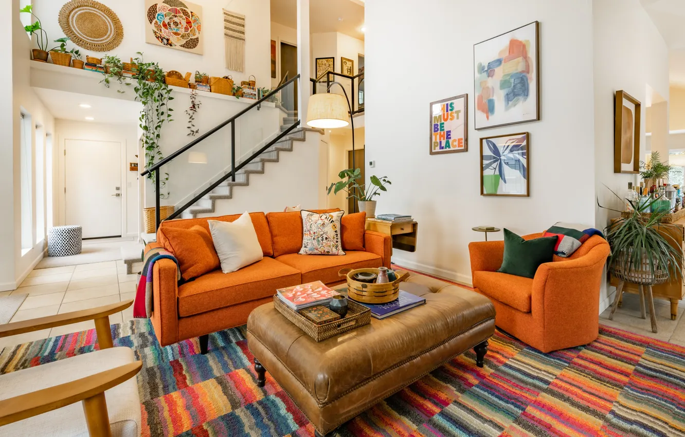 Photo wallpaper design, style, Villa, plant, interior, picture, ladder, living room