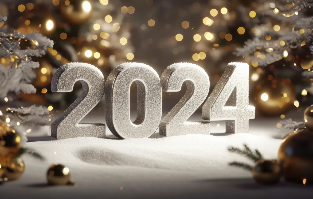 Photo wallpaper new year, figures, golden, snow, New Year, decoration, numbers, 2024