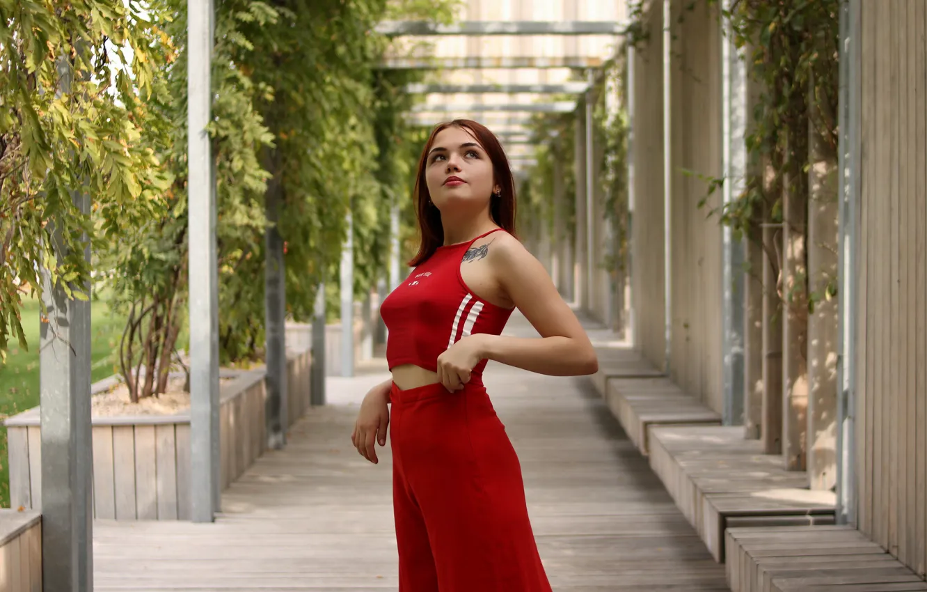 Photo wallpaper model, women, redhead, tank top, red clothing, nipple bulge, young women