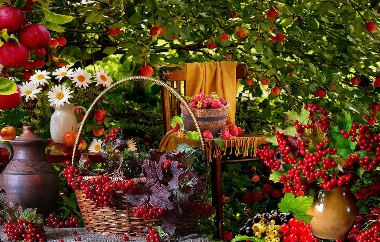 Photo wallpaper berries, chamomile, Apple, fruit, still life, currants, Kalina