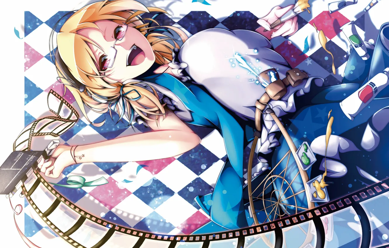 Photo wallpaper look, girl, smile, mood, paint, glasses, school uniform, art