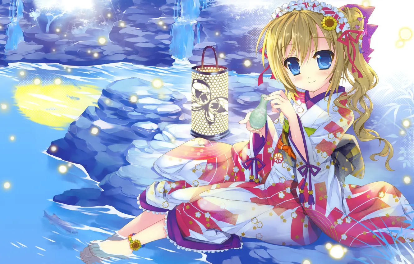 Photo wallpaper water, sunflowers, fireflies, stones, art, lights, girl, kimono
