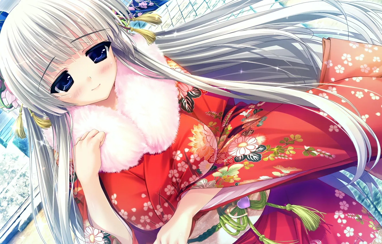 Photo wallpaper girl, pattern, art, fur, kimono, game cg, prism recollection, shintaro