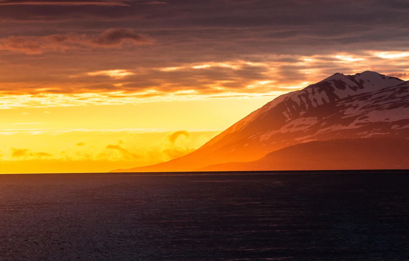 Photo wallpaper sea, snow, mountains, dawn