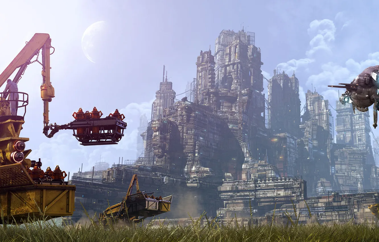 Photo wallpaper the sky, grass, trees, the city, future, ship, technique, cleaning