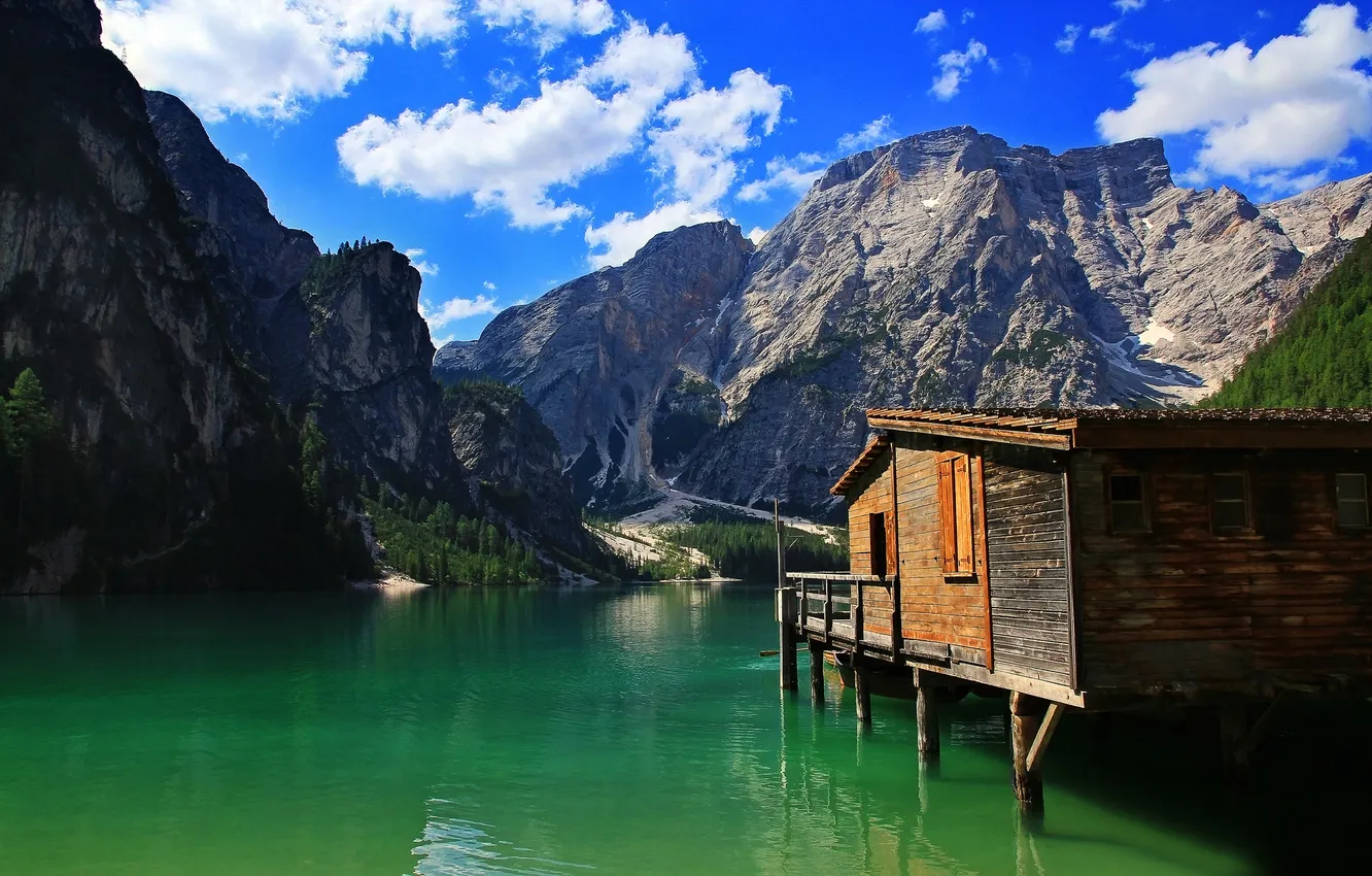 Photo wallpaper the sky, mountains, lake, house