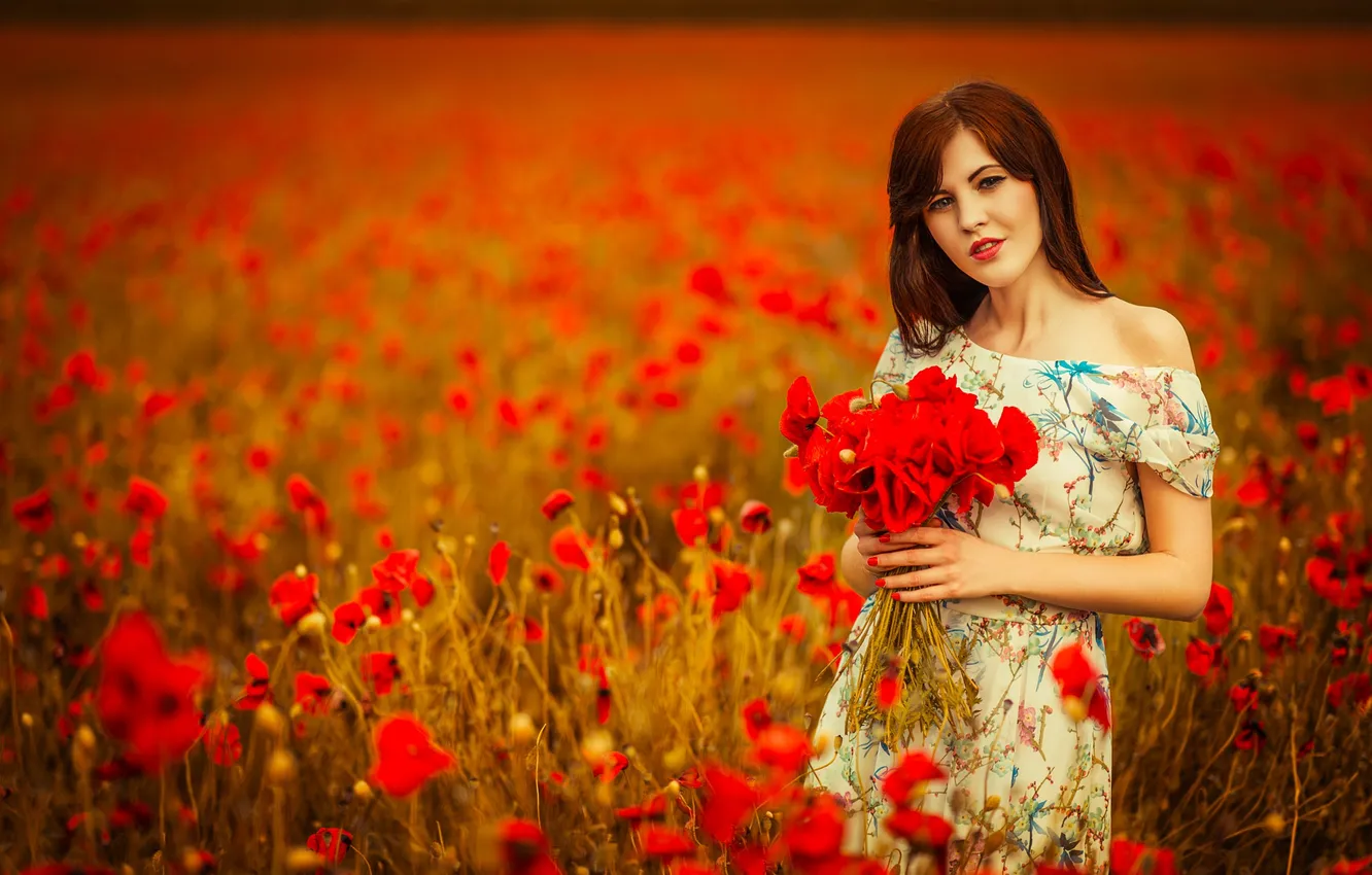 Photo wallpaper red, girl, sky, dress, field, flowers, view, body