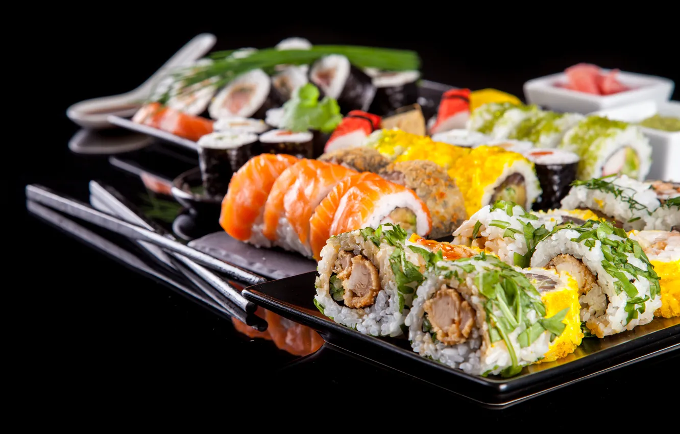 Photo wallpaper greens, green, rolls, sushi, sushi, rolls, filling, Japanese cuisine