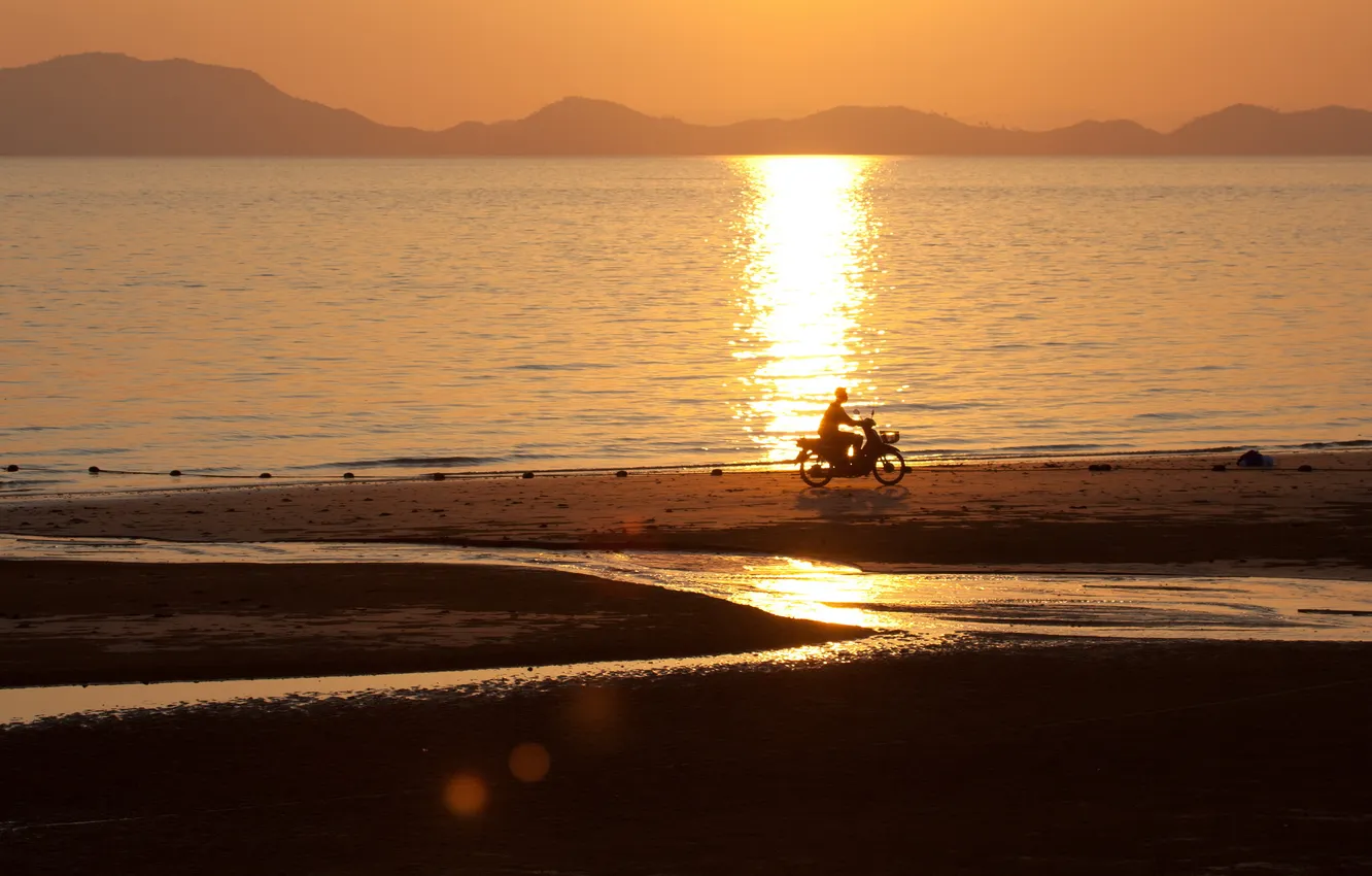 Photo wallpaper sea, sunset, motorcycle