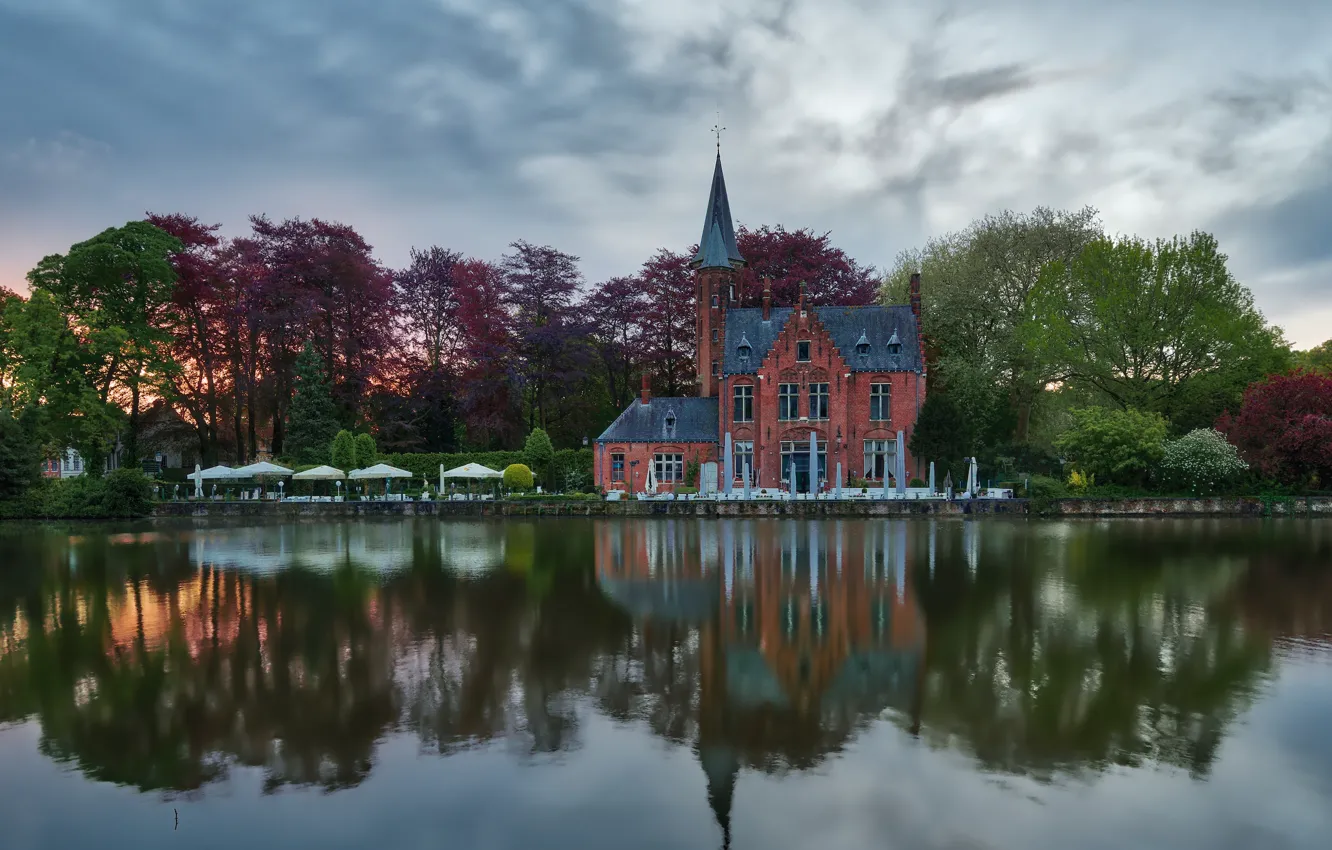 Photo wallpaper landscape, nature, the city, pond, reflection, building, restaurant, Belgium