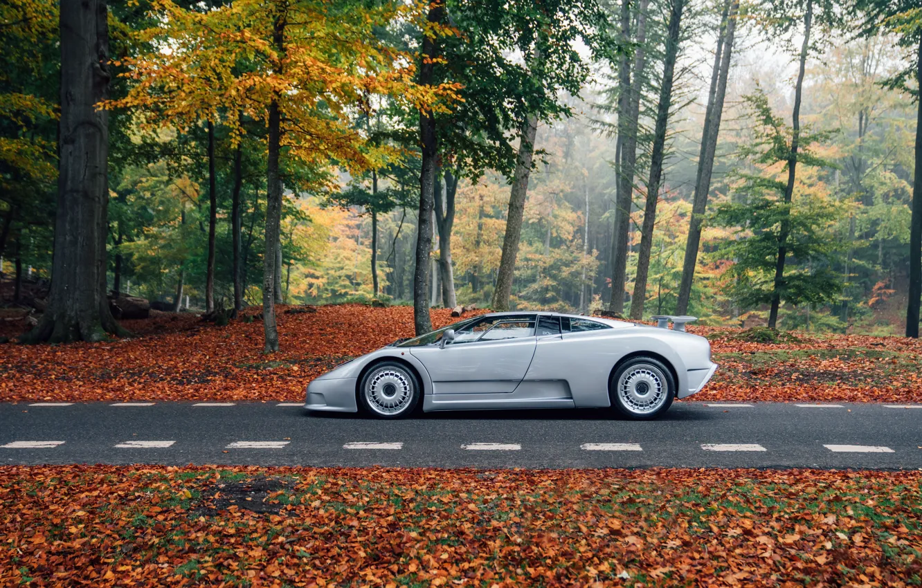 Photo wallpaper Bugatti, supercar, road, trees, side view, Bugatti EB110 GT, EB 110