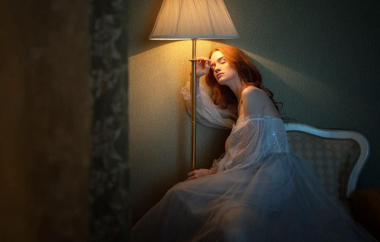 Photo wallpaper girl, light, face, pose, room, wall, lamp, sleep