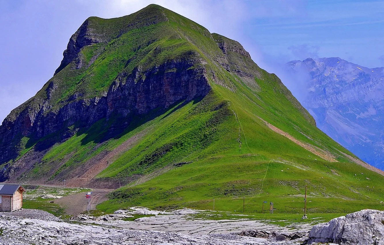Photo wallpaper grass, mountains, France, home, Haute-Savoie