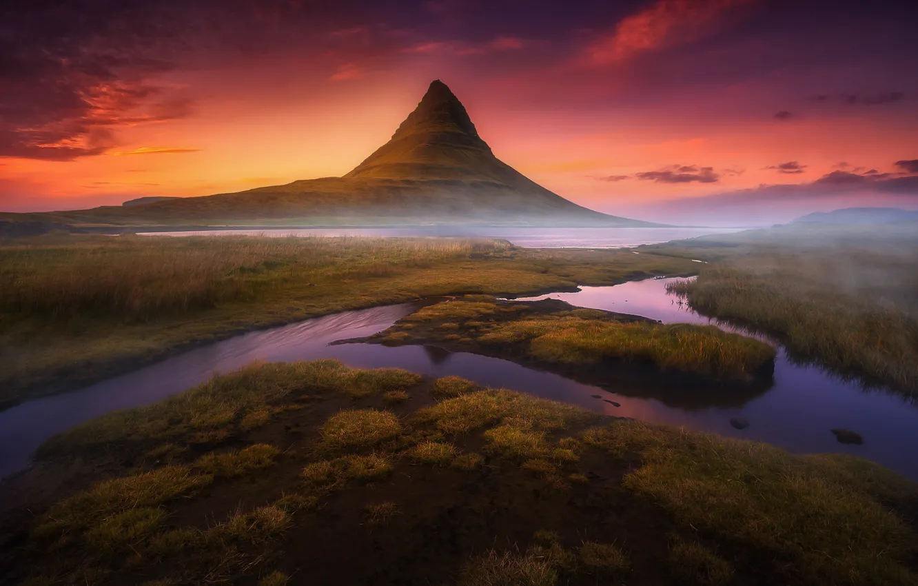 Photo wallpaper water, light, mountain, the evening, morning, haze, Iceland