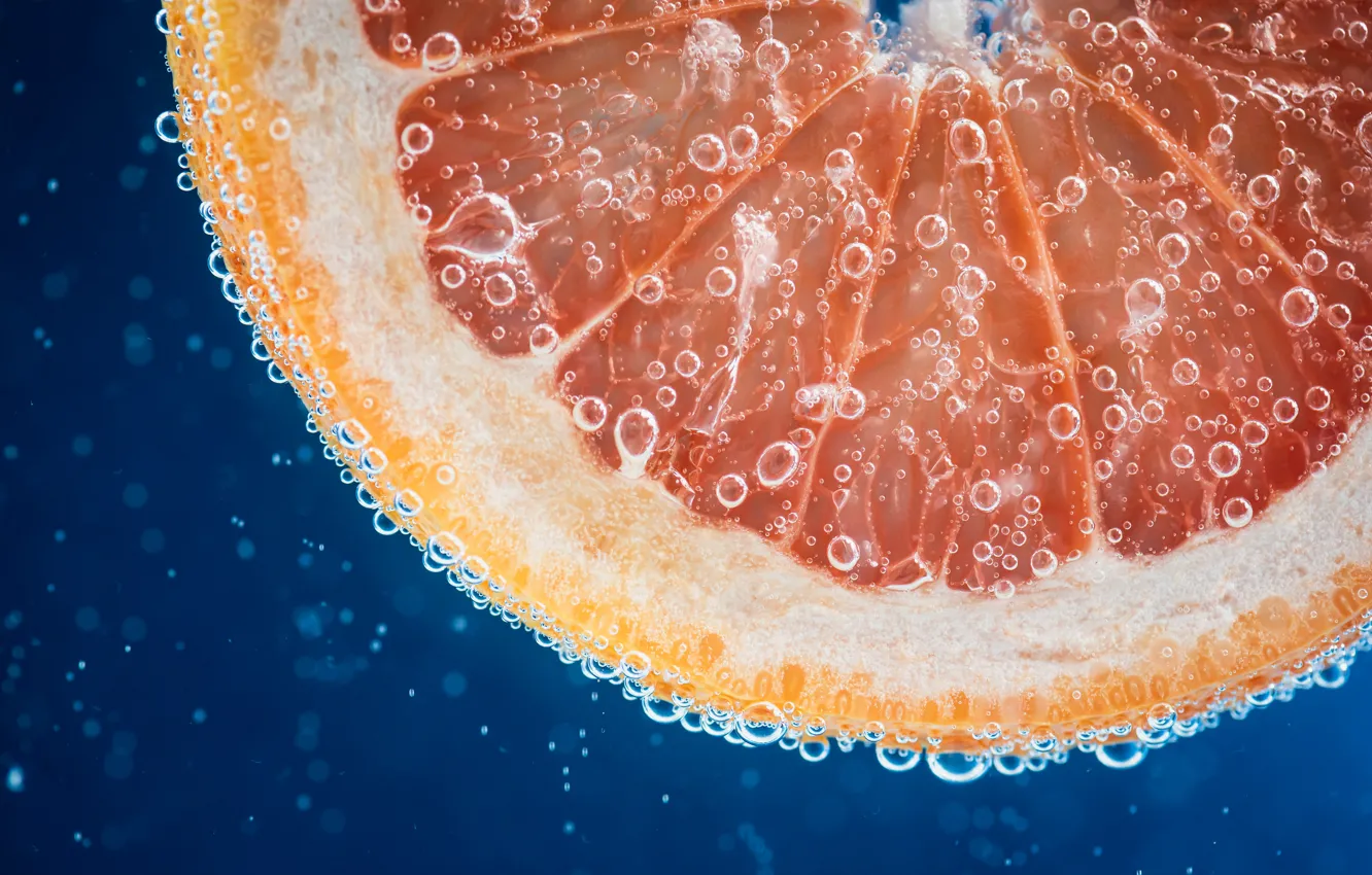 Photo wallpaper water, macro, bubbles, grapefruit, slices
