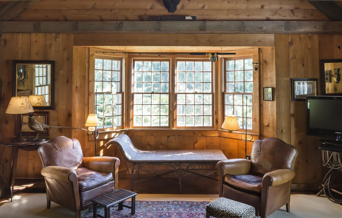 Photo wallpaper trees, interior, living room, hardwood, small room