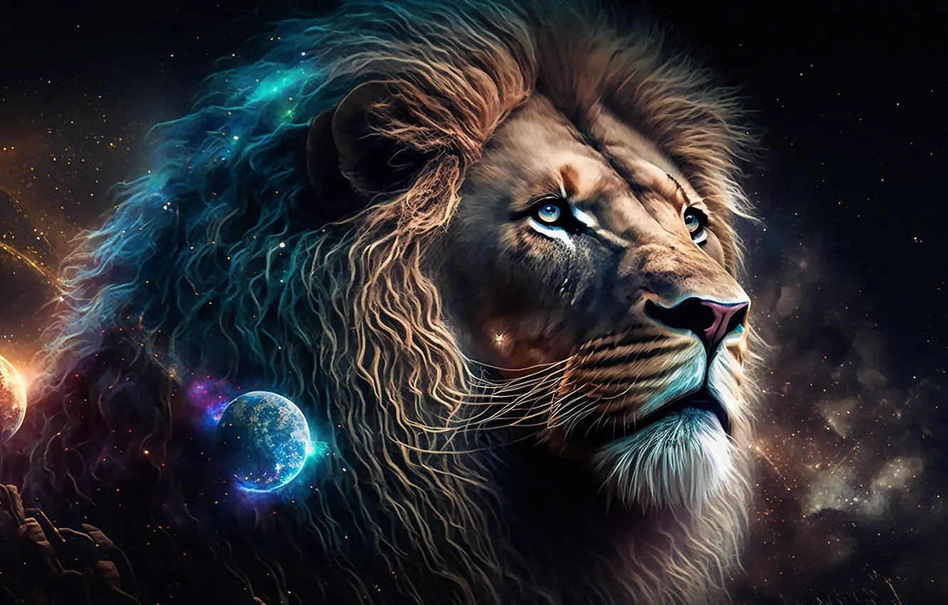 Photo wallpaper look, face, space, stars, night, fantasy, planet, Leo
