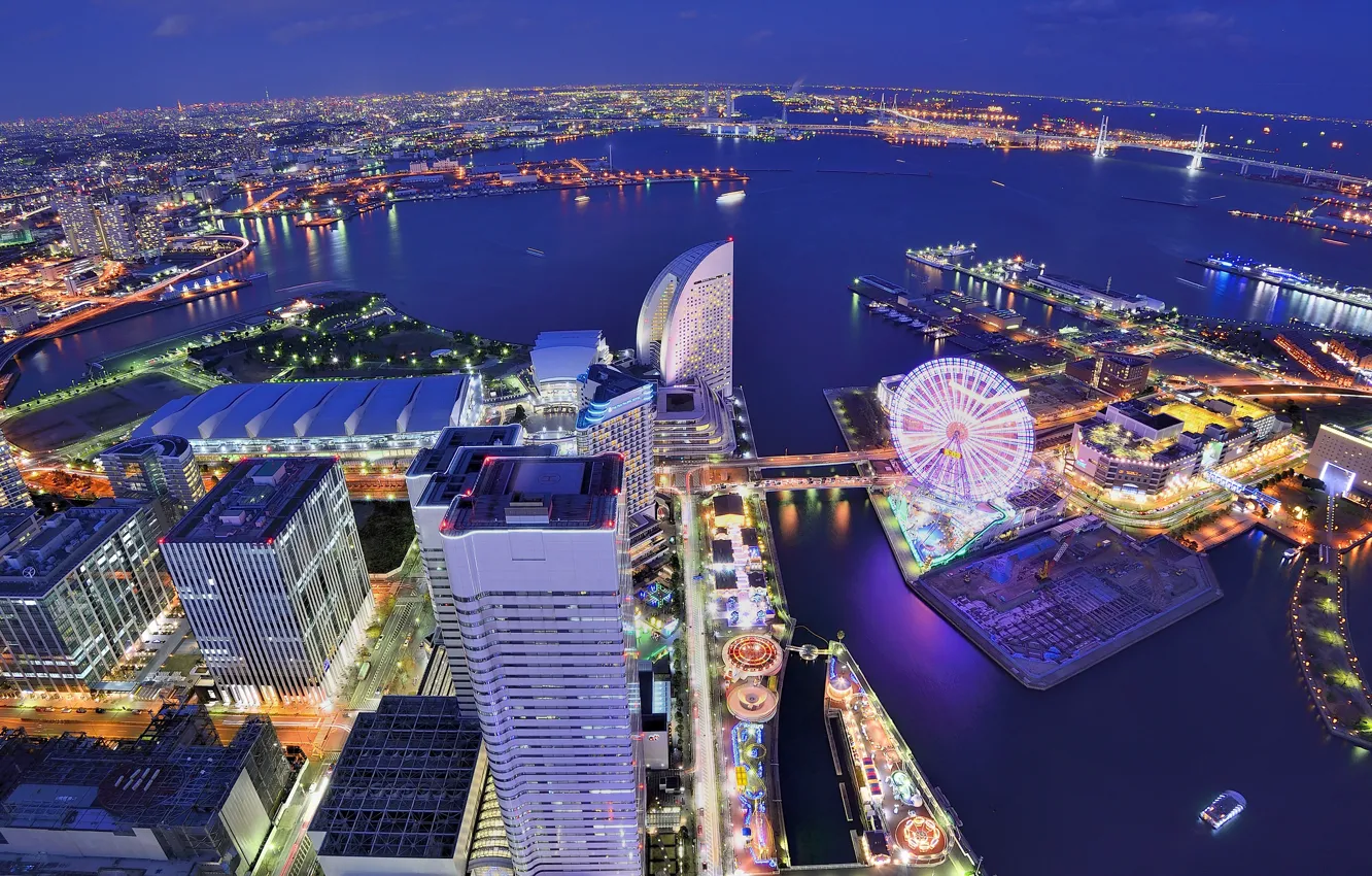 Photo wallpaper the sky, night, blue, lights, view, building, height, home