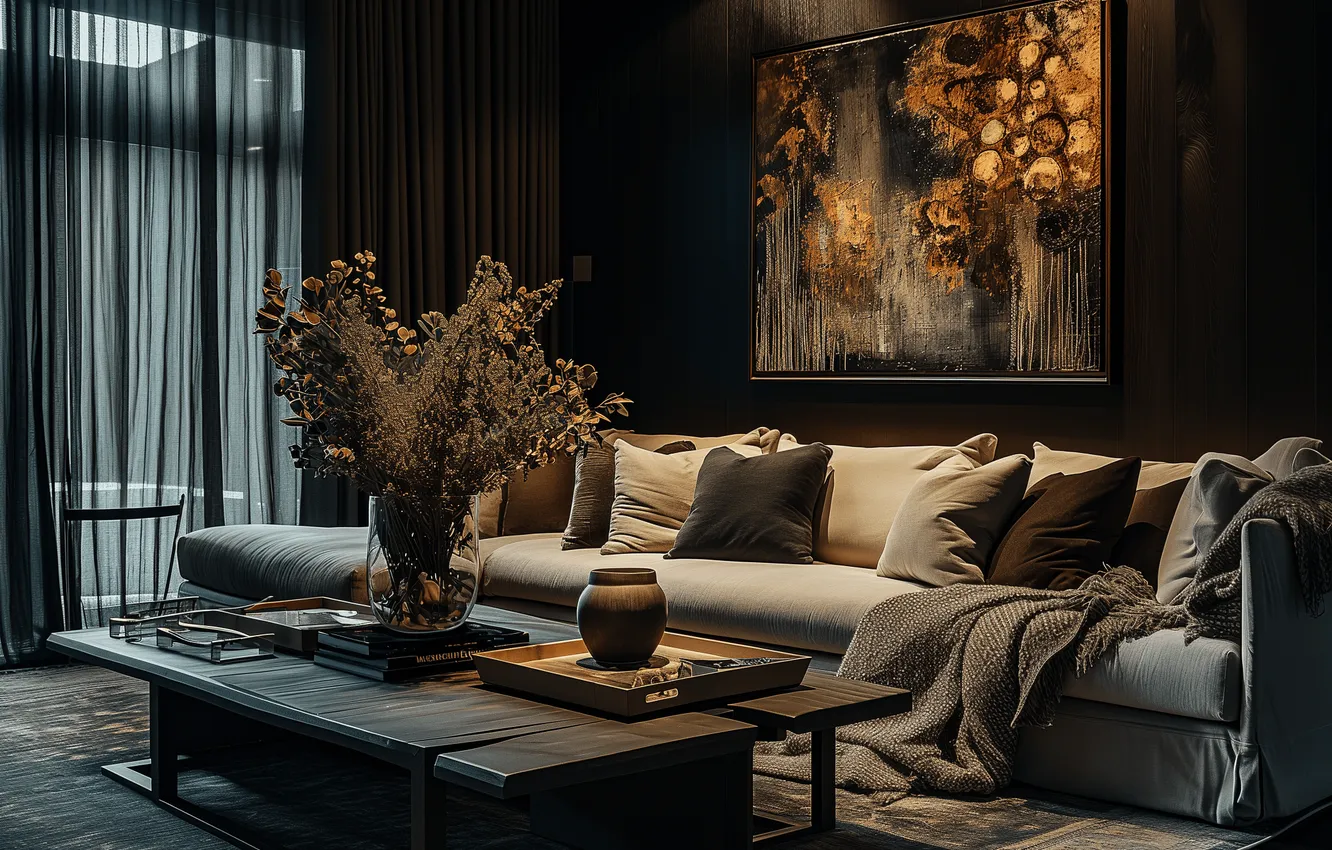 Photo wallpaper interior, picture, dark room, luxury sofa, Gothic style, black color in the interior, dark living …