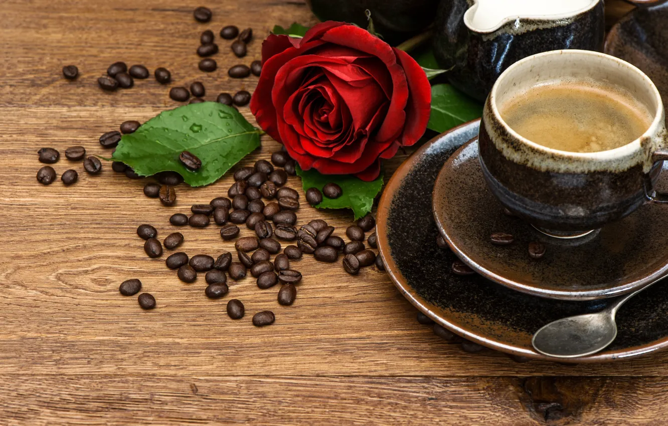 Photo wallpaper coffee, roses, Cup, coffee beans, saucer, Lili Graphie