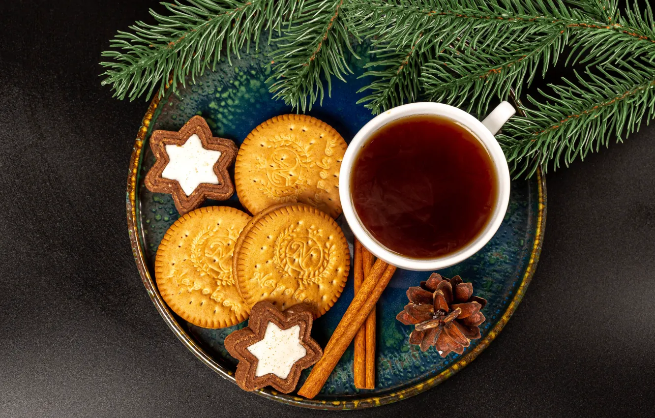 Photo wallpaper branches, tea, cookies, Christmas, mug, New year, cinnamon, needles