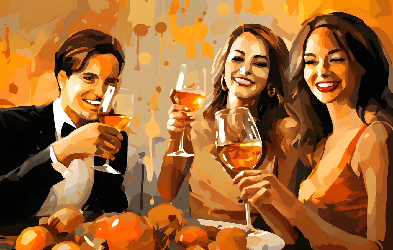 Photo wallpaper girl, joy, smile, glass, new year, Christmas, guy, champagne