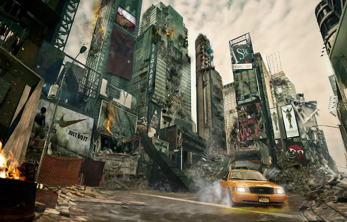 Photo wallpaper Apocalypse, New York, devastation, taxi, skyscrapers