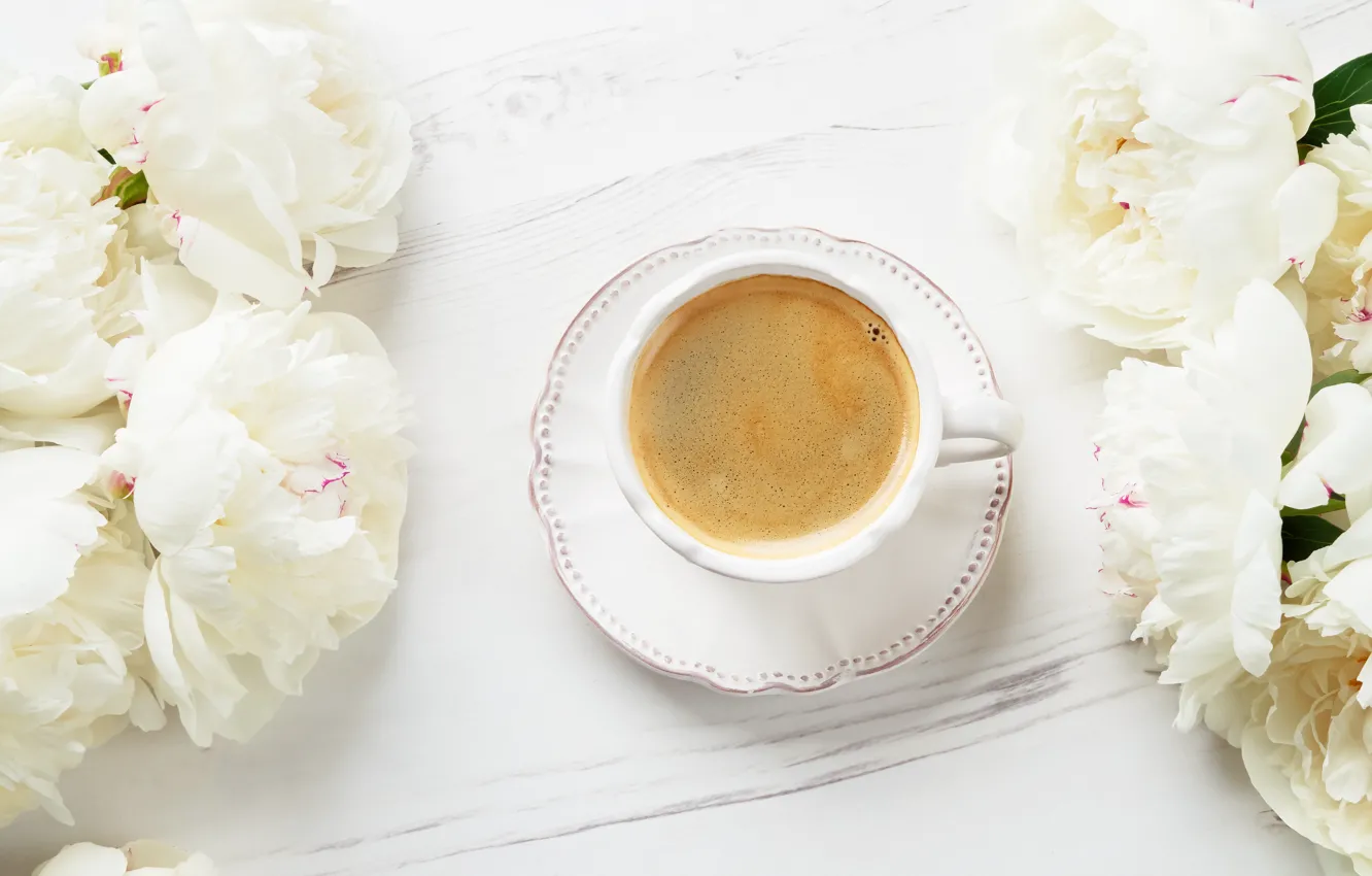 Photo wallpaper coffee, Cup, white, peonies