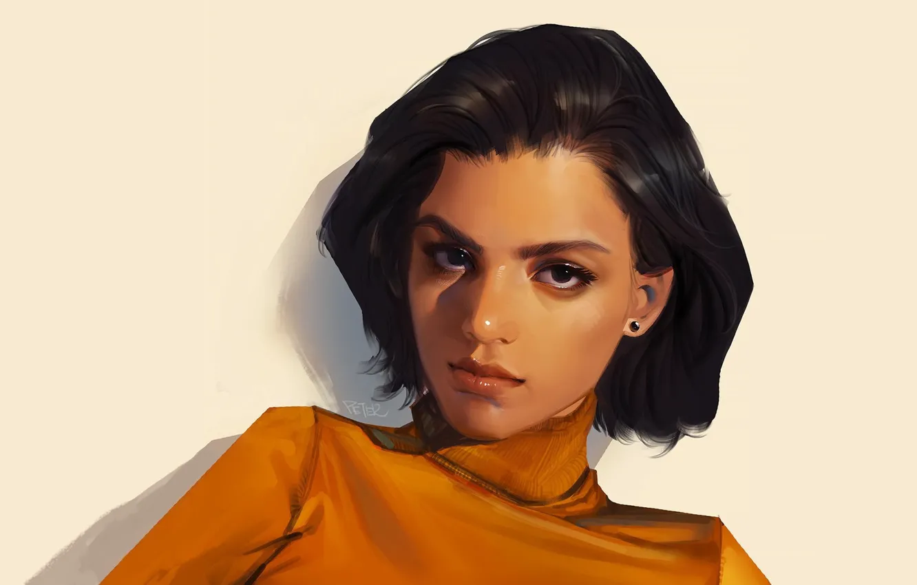 Photo wallpaper haircut, portrait of a girl, turtleneck, dark brunette