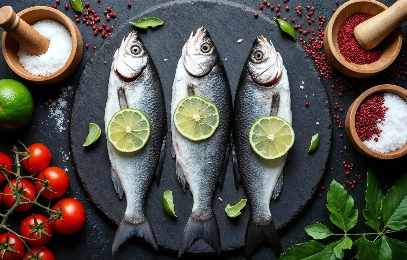 Photo wallpaper fish, lemon, lime, tomatoes, spices, salt, AI art
