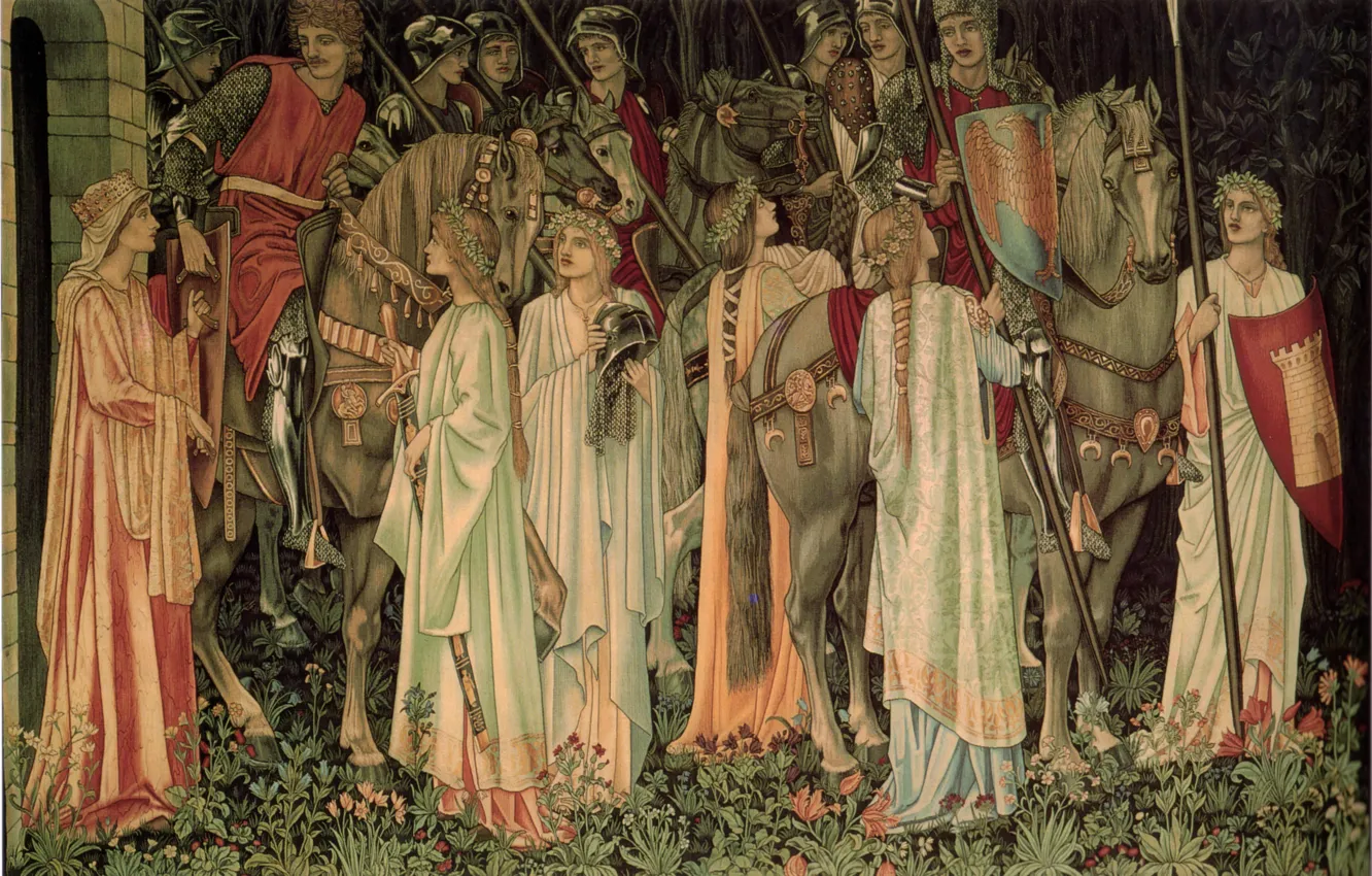 Photo wallpaper Sir Edward Burne-Jones, Holy Grail, and Departure, Tapestry The Arming