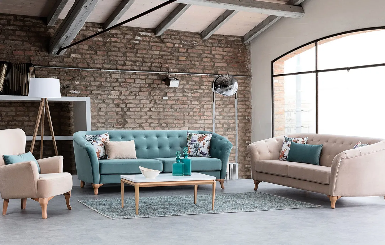 Photo wallpaper design, room, interior, living room, upholstered furniture, loft style