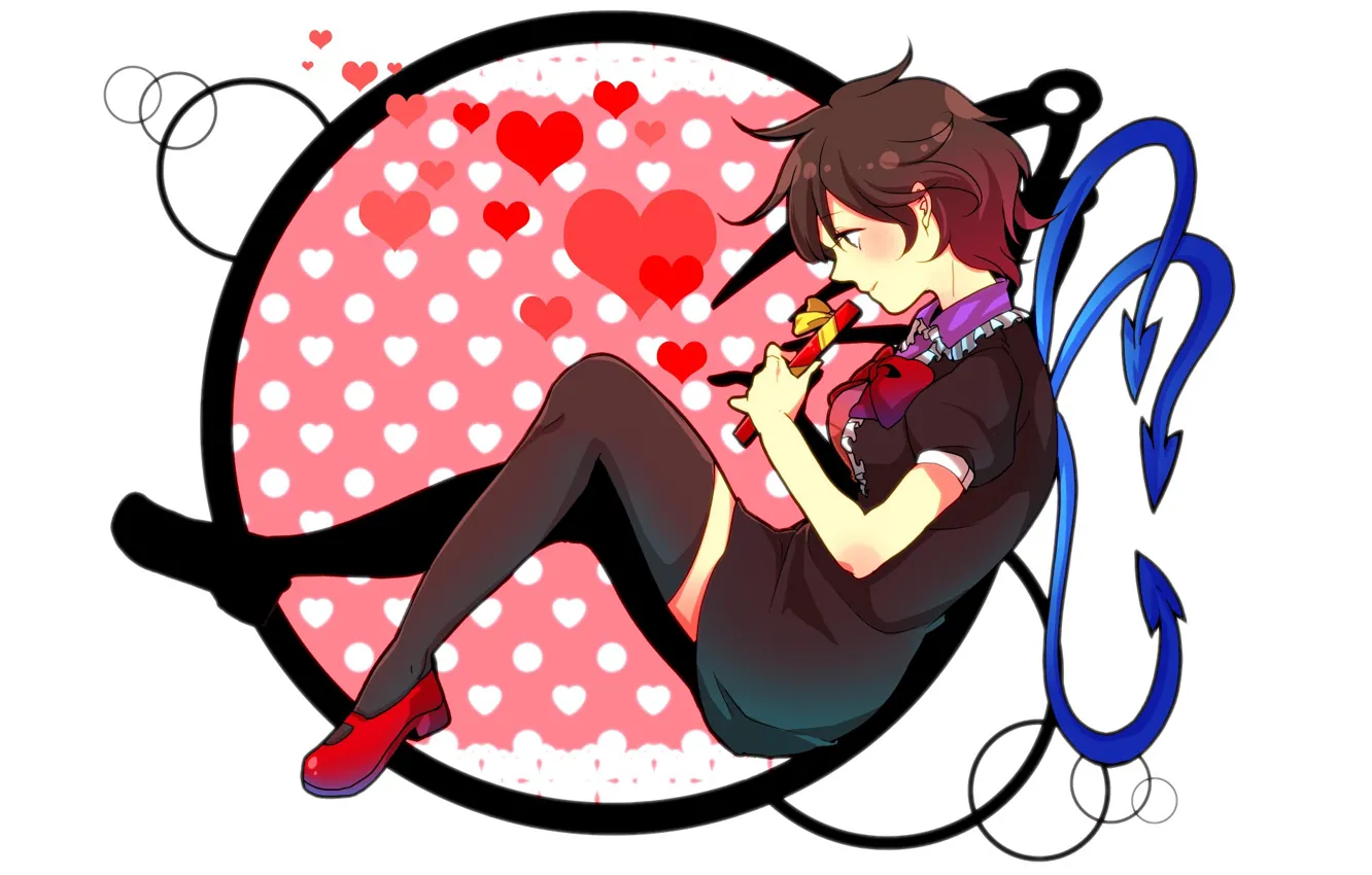 Photo wallpaper circles, hearts, black dress, black stockings, gift box, red bow, Touhou Project, red shoes