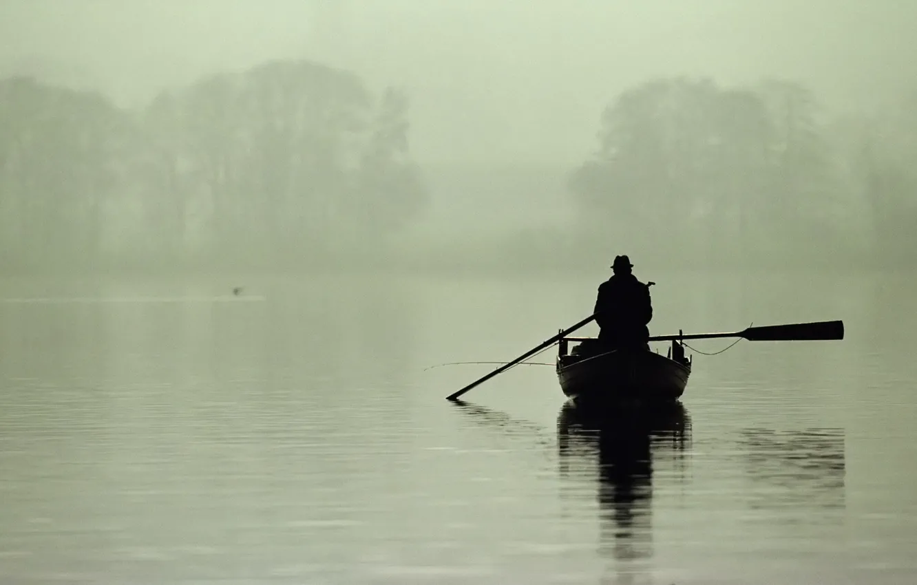 Photo wallpaper fog, lake, boat, fisherman, morning