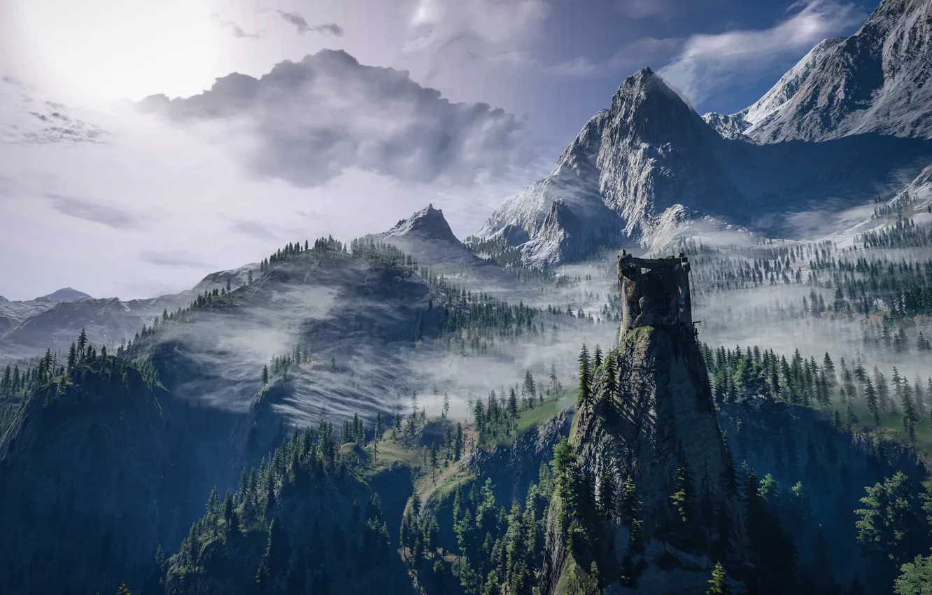 Photo wallpaper landscape, mountains, tree, The Witcher 3: Wild Hunt