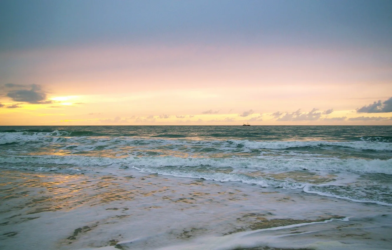 Photo wallpaper sea, wave, the sun, sunrise