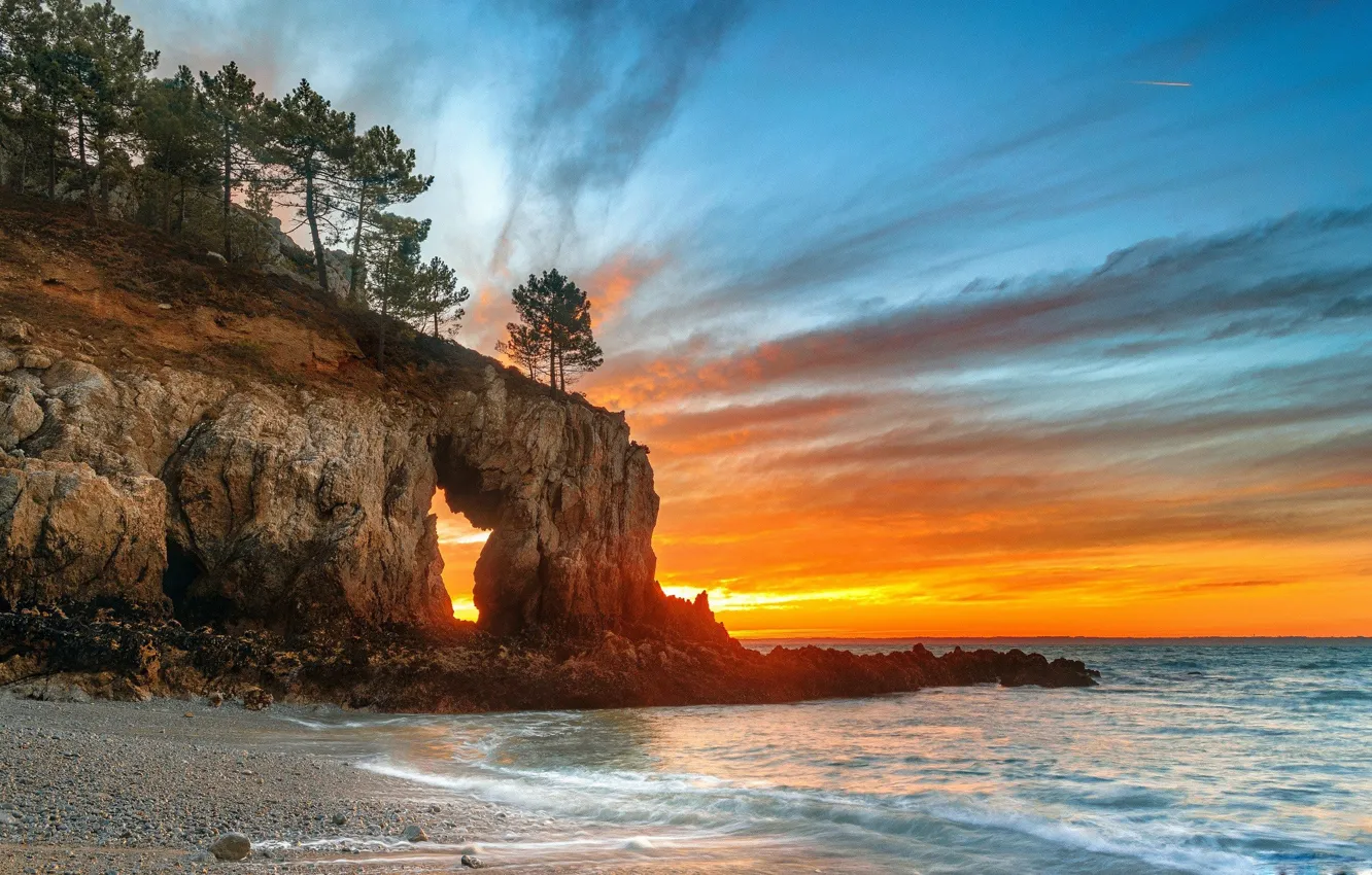 Photo wallpaper sea, the sky, sunset, rocks, coast