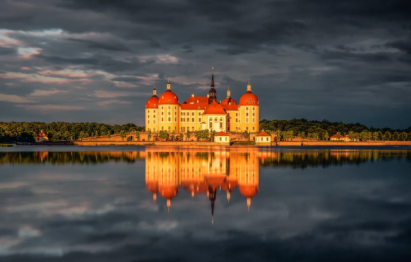 Photo wallpaper forest, the sky, light, clouds, the city, reflection, castle, shore